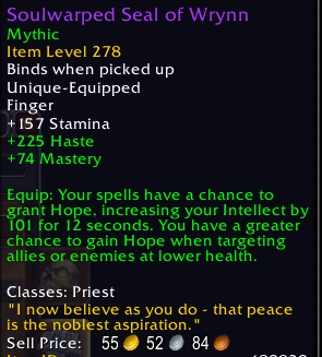 Screenshot of Soulwarped Seal of Wrynn in-game tooltip from PTR